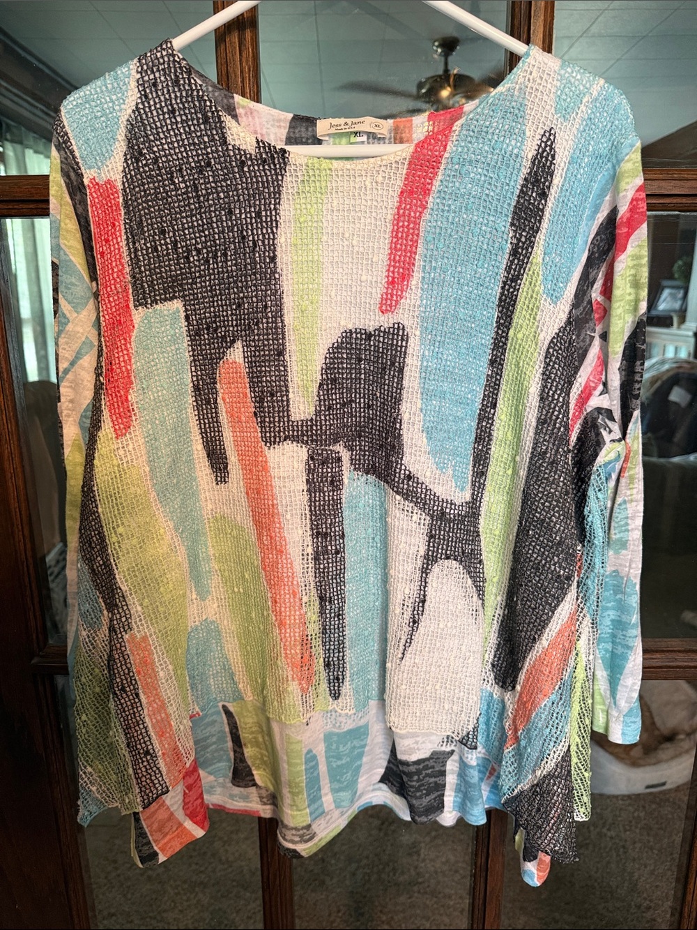 Jess & Jane Womens XL Abstract Print Waffle Knit High-Low Top Made in USA Multi